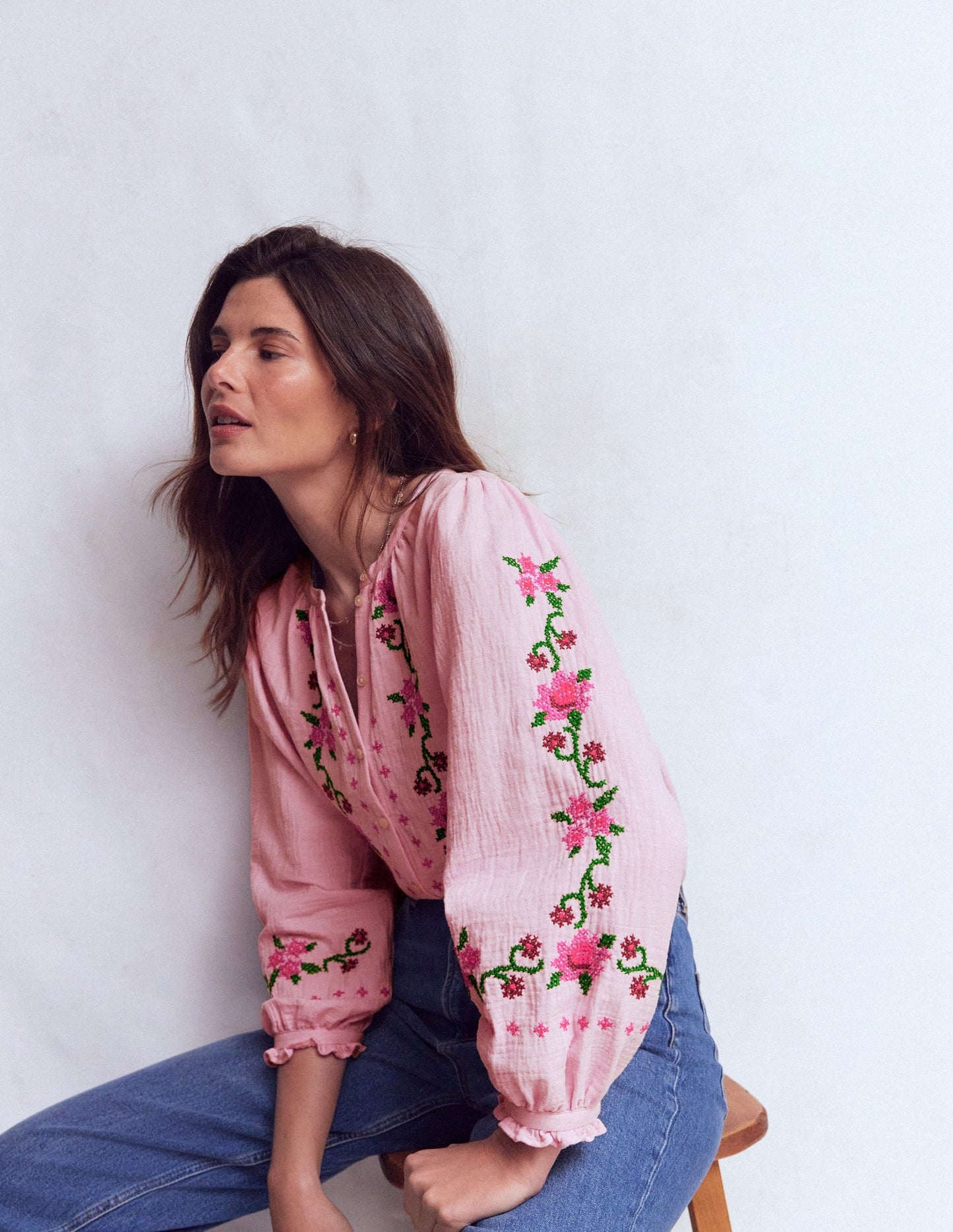 Camille Double Cloth Top-Spring Blossom Pink Embroidery
