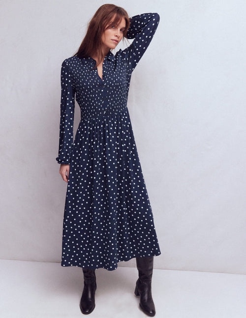 Camilla Smocked Jersey Dress-French Navy, Painted Dot