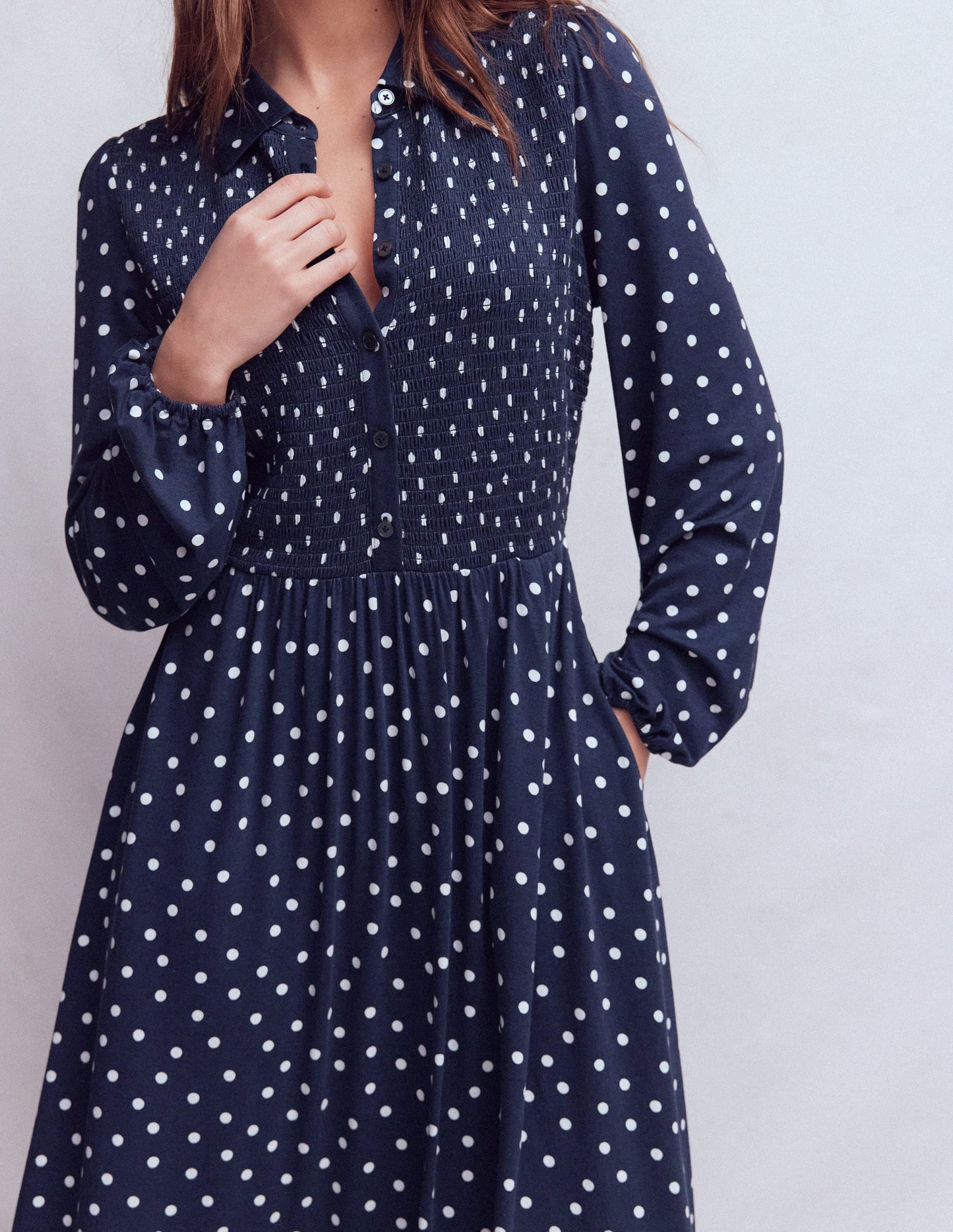 Camilla Smocked Jersey Dress-French Navy, Painted Dot