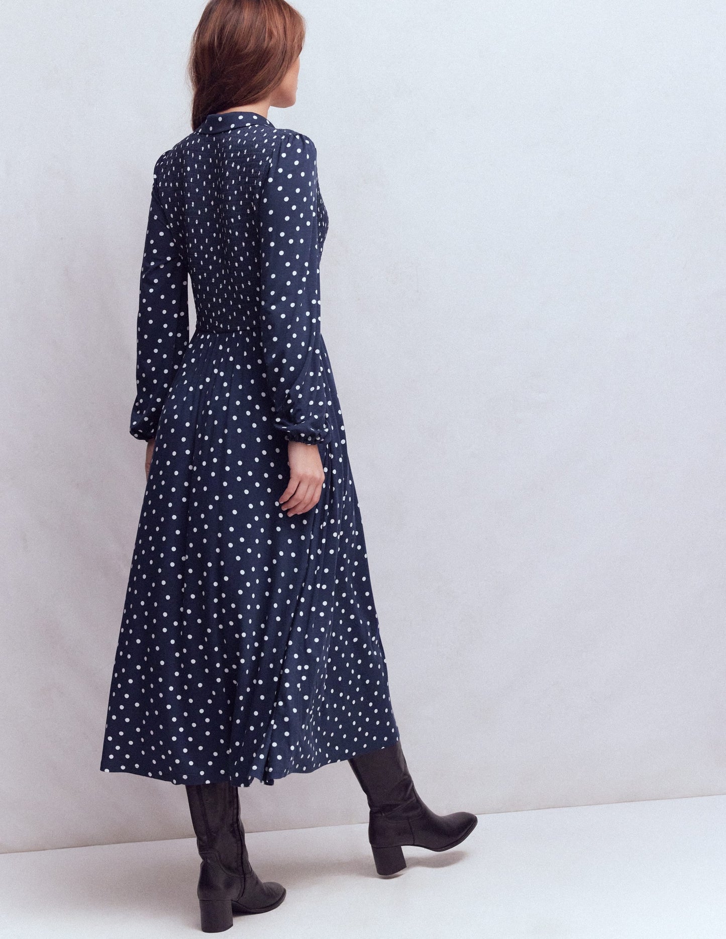 Camilla Smocked Jersey Dress-French Navy, Painted Dot