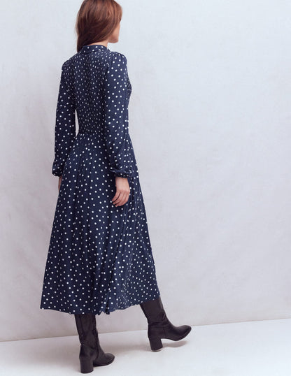 Camilla Smocked Jersey Dress-French Navy, Painted Dot