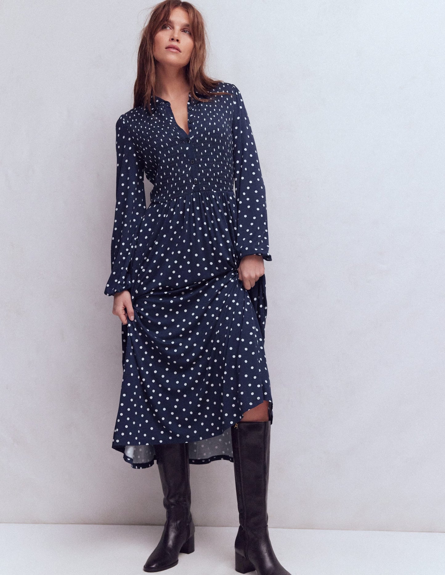Camilla Smocked Jersey Dress-French Navy, Painted Dot