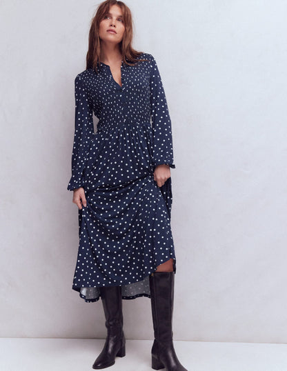 Camilla Smocked Jersey Dress-French Navy, Painted Dot