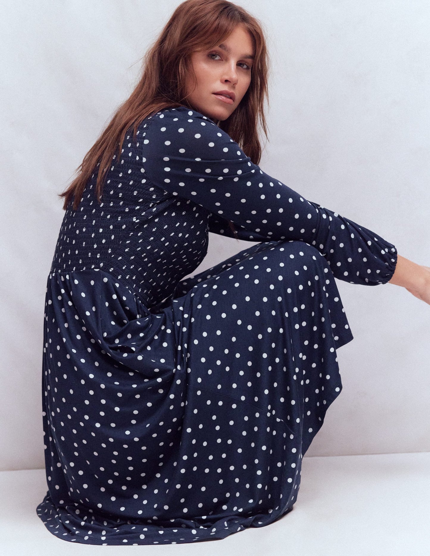 Camilla Smocked Jersey Dress-French Navy, Painted Dot