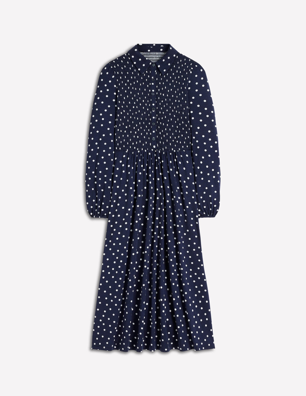 Camilla Smocked Jersey Dress-French Navy, Painted Dot