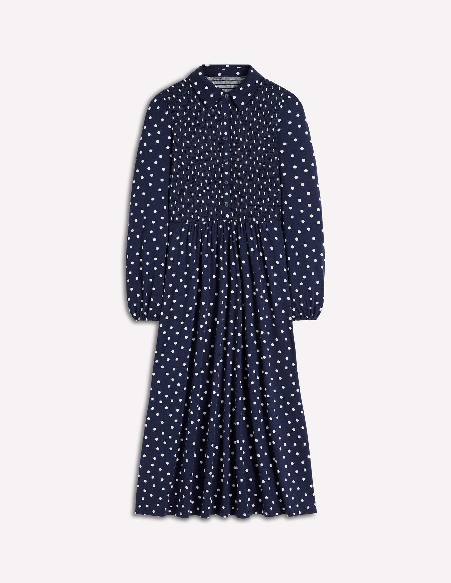 Camilla Smocked Jersey Dress-French Navy, Painted Dot