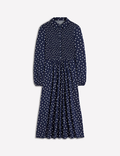 Camilla Smocked Jersey Dress-French Navy, Painted Dot