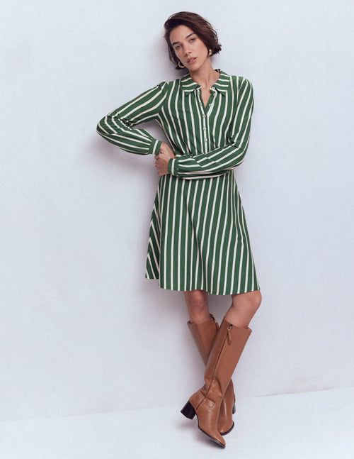 Orla Short Jersey Shirt Dress-Hunter Green and Ivory Stripe
