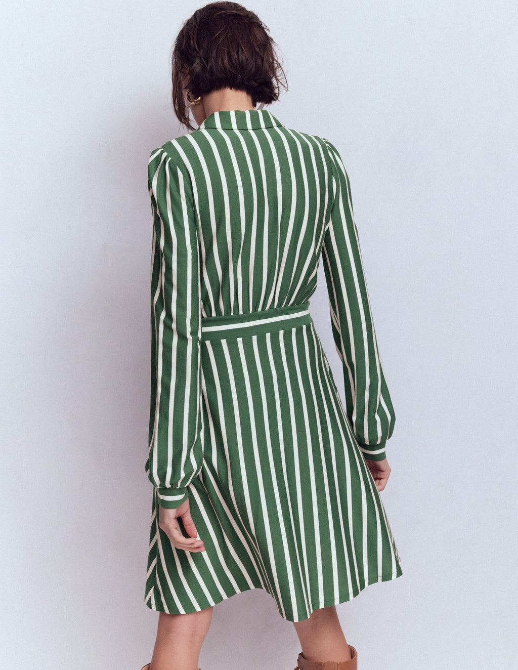 Orla Short Jersey Shirt Dress-Hunter Green and Ivory Stripe