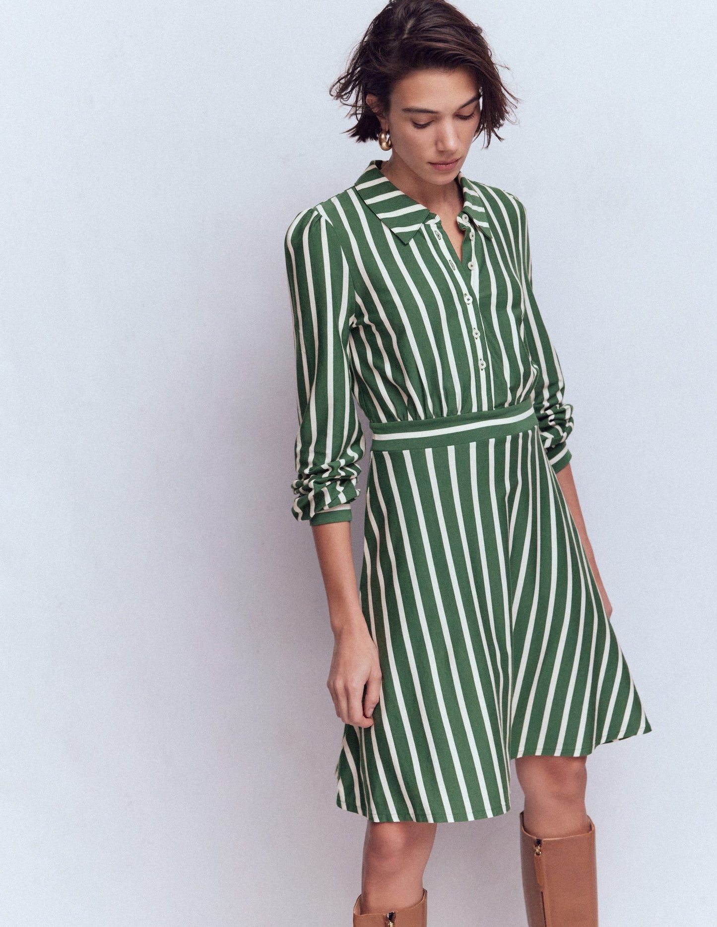 Orla Short Jersey Shirt Dress-Hunter Green and Ivory Stripe