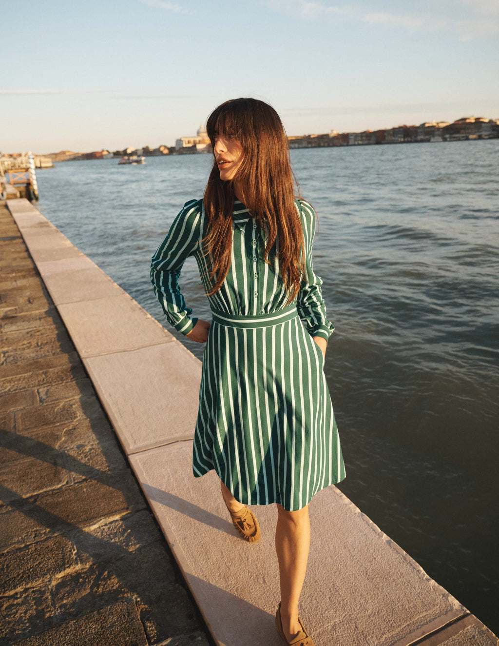 Orla Short Jersey Shirt Dress-Hunter Green and Ivory Stripe