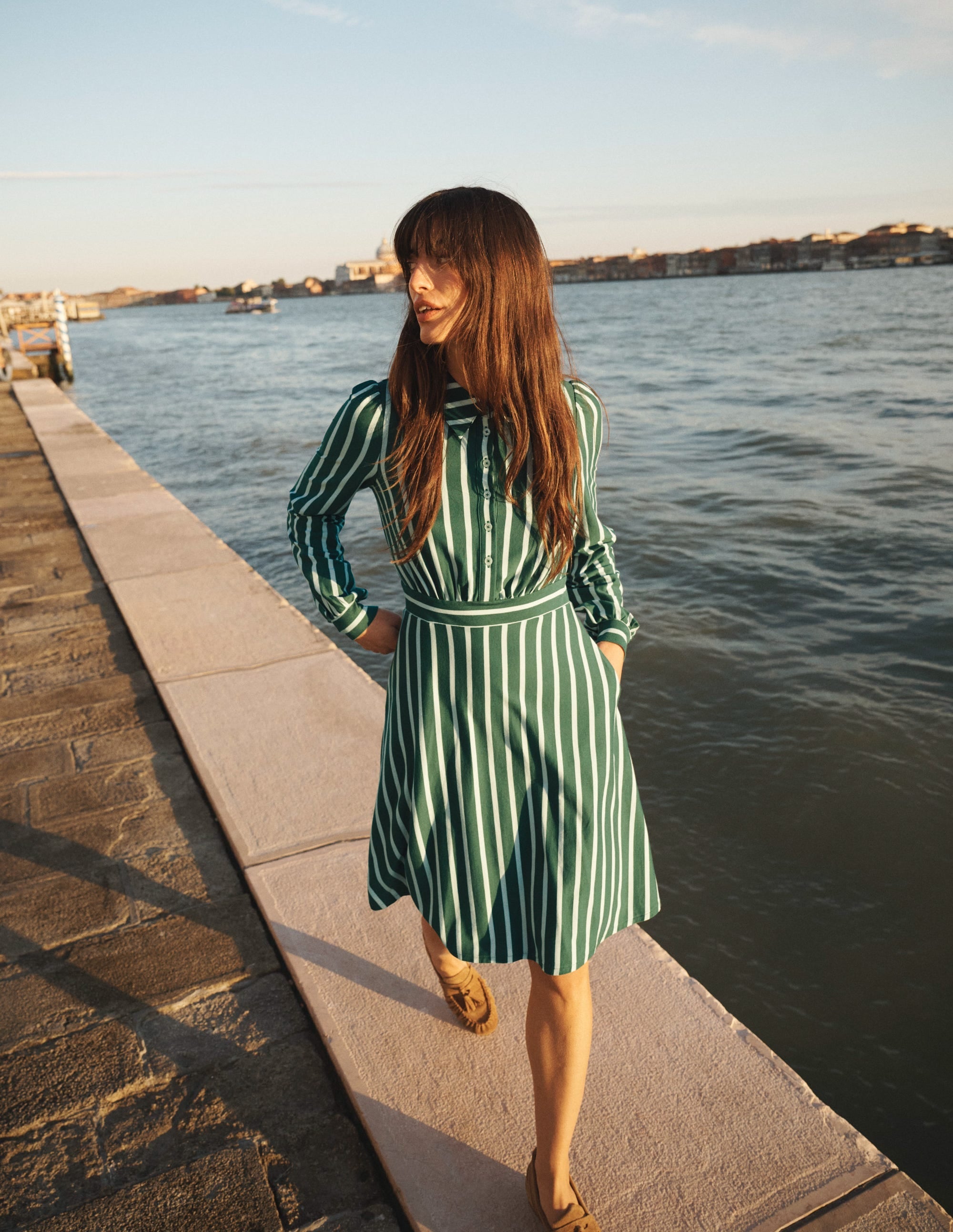 Orla Short Jersey Shirt Dress-Hunter Green and Ivory Stripe