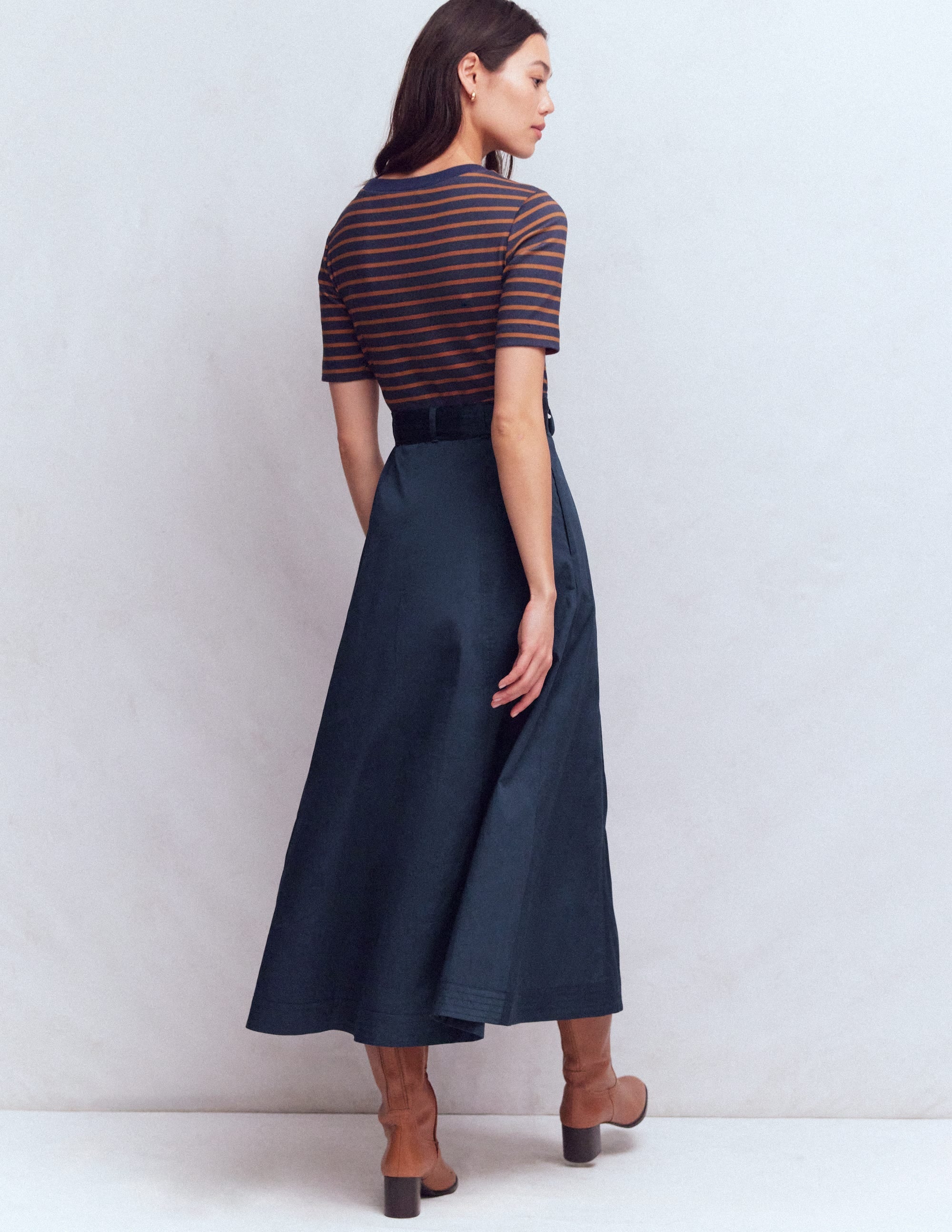 Crew Neck Mix Media Dress-Navy and Gingerbread Stripe