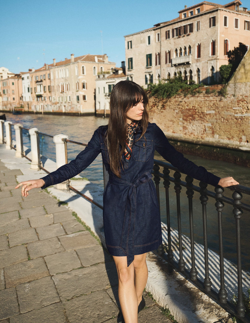 Half Placket Denim Dress-Indigo Wash