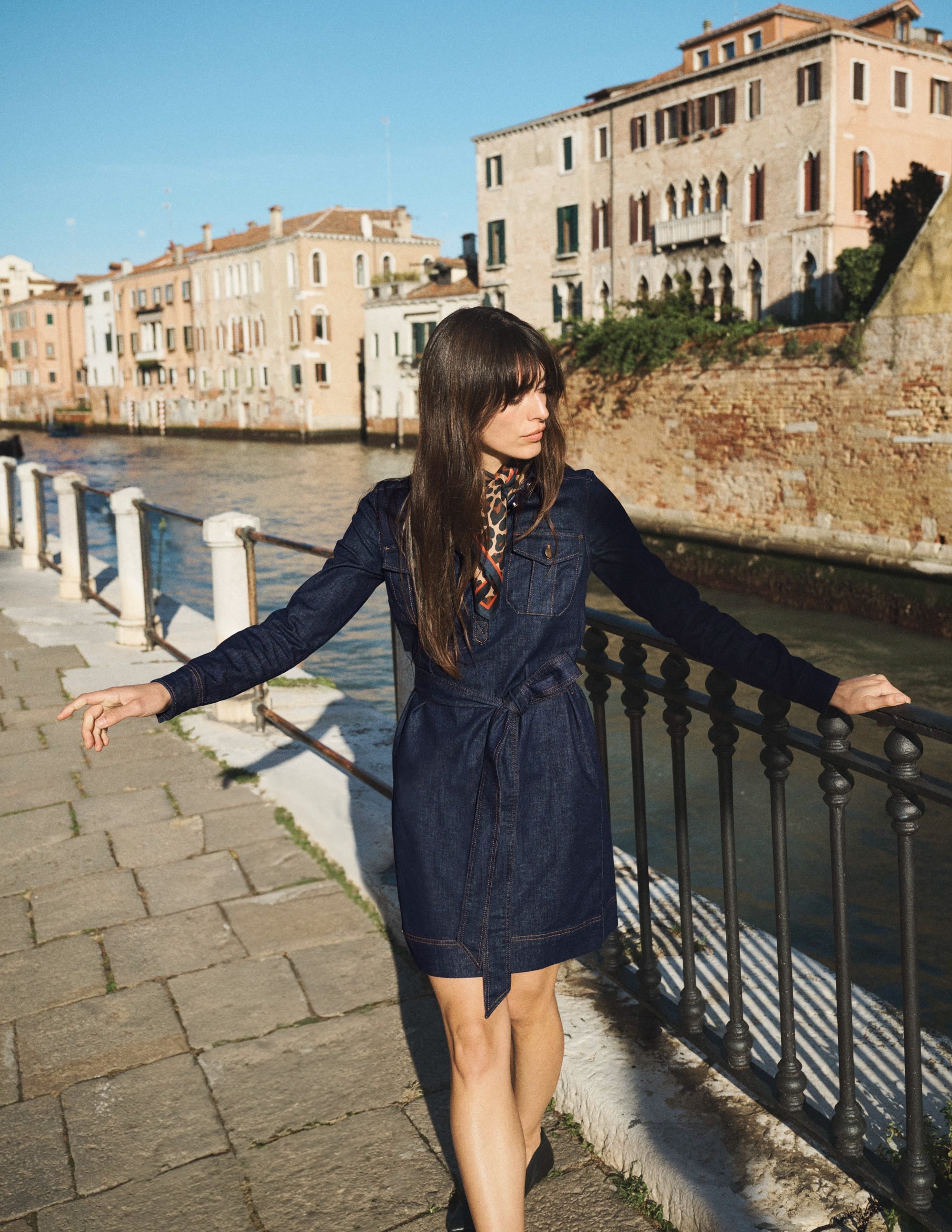 Half Placket Denim Dress-Indigo Wash
