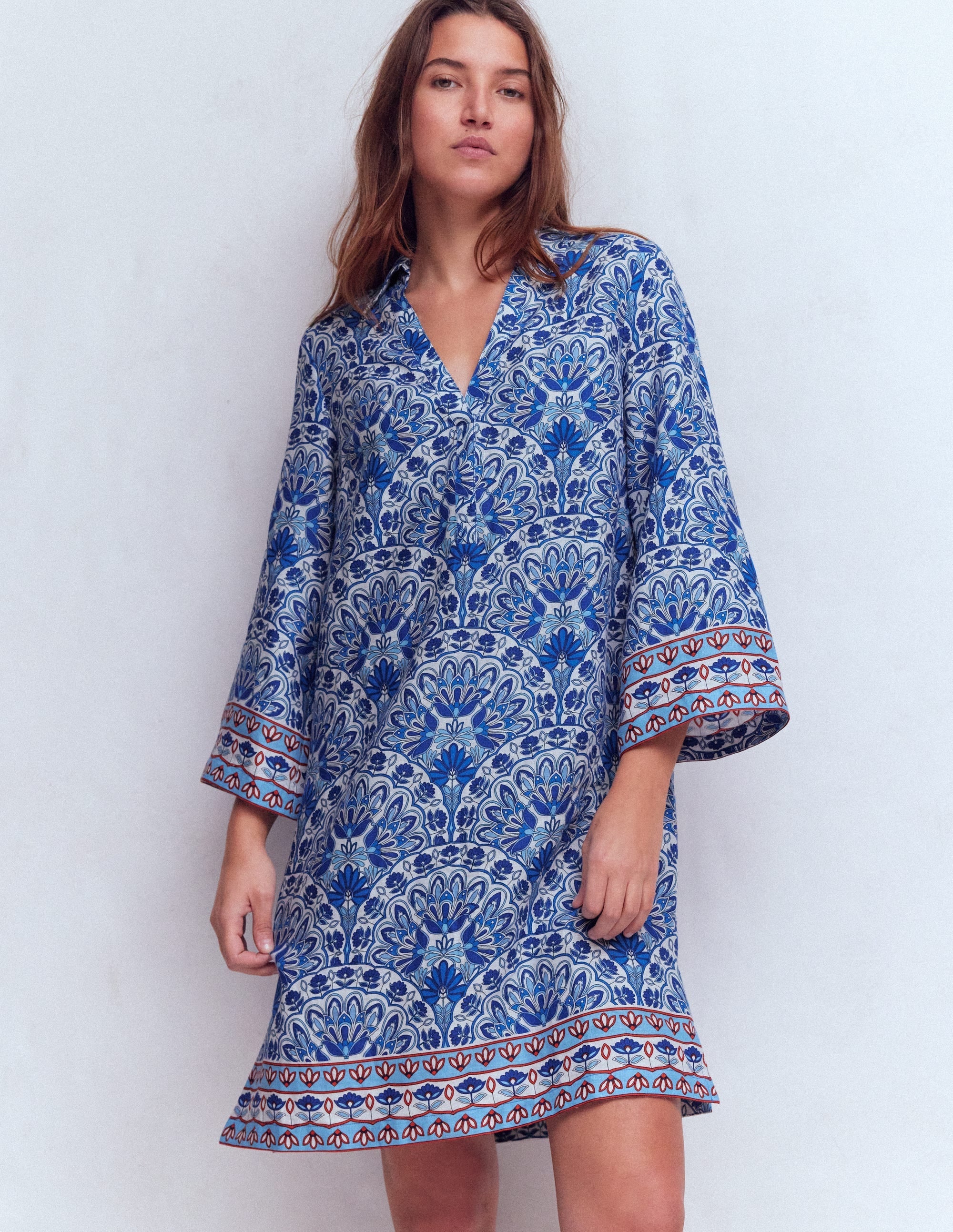 Carmen Linen Short Dress-Bright Blue, Elaborate Terrace