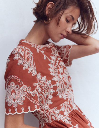 Ivy Button Cotton Midi Dress-Rust Embroidery