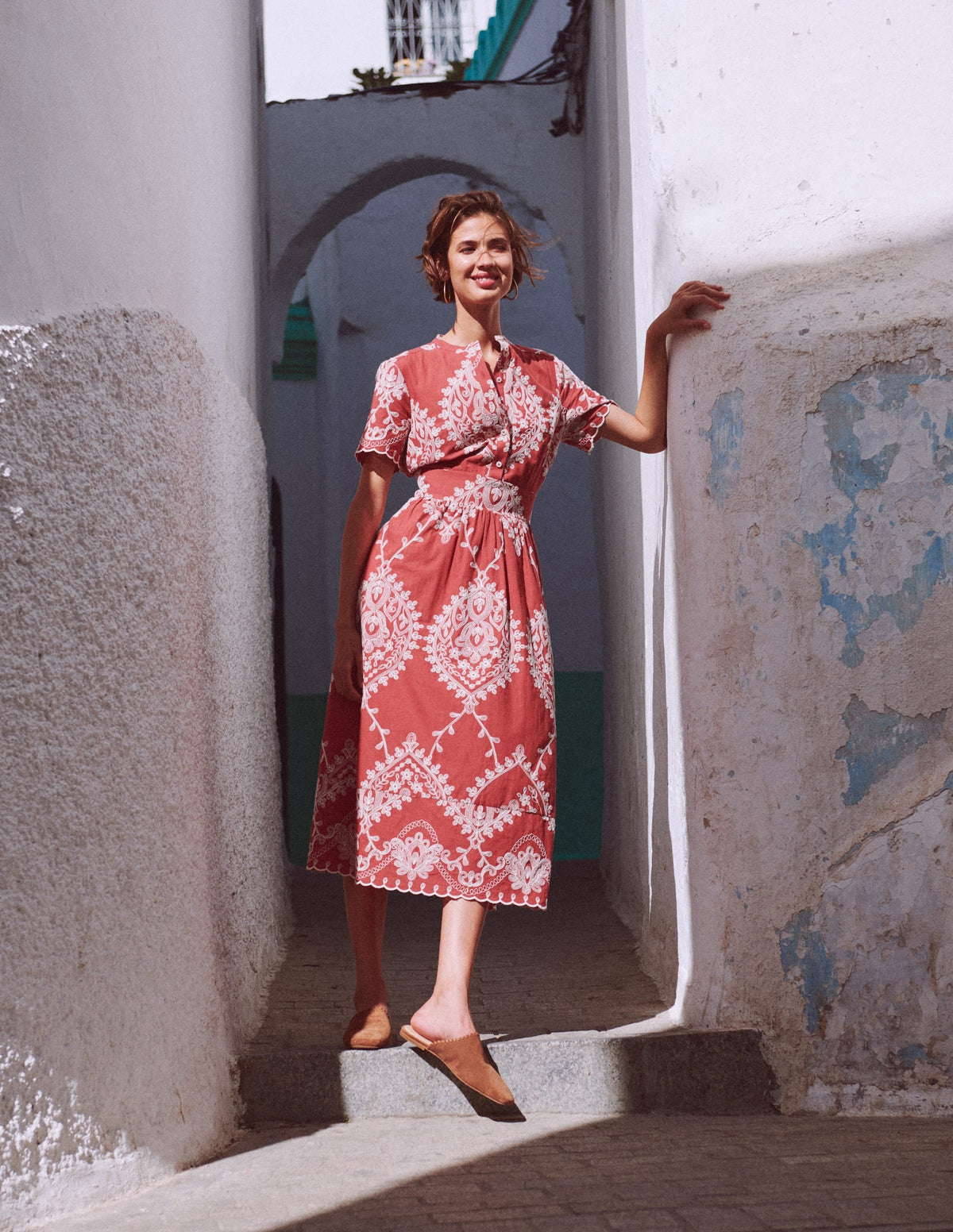 Ivy Button Cotton Midi Dress-Rust Embroidery