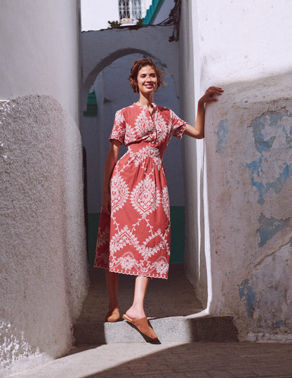 Ivy Button Cotton Midi Dress-Rust Embroidery
