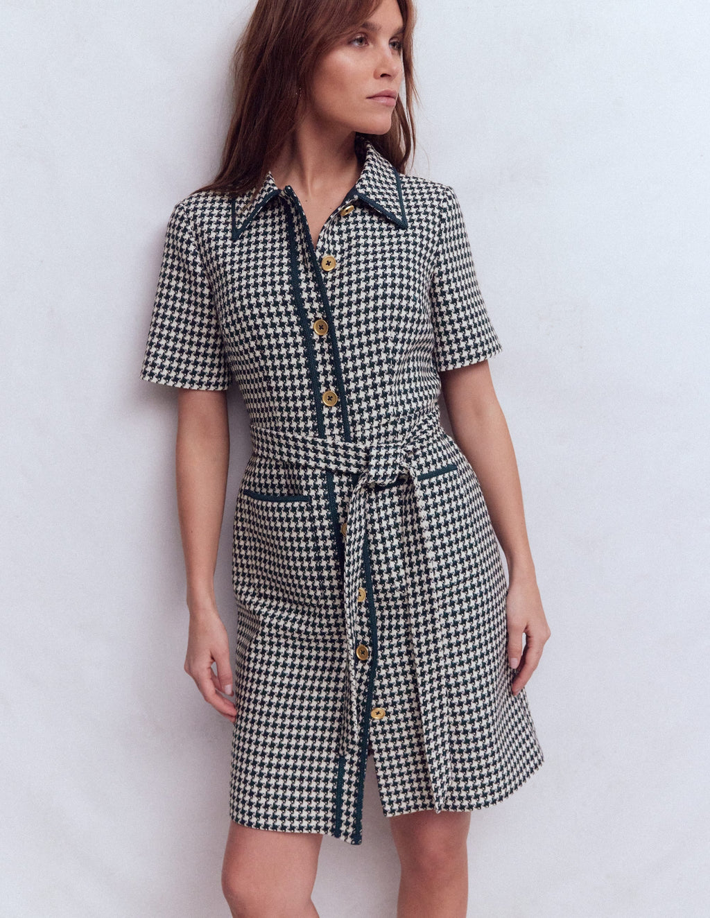 Loren Trim Short Dress-Navy Dogtooth