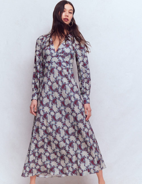 V-neck Blouson Sleeve Dress-Multi Blooming Flora