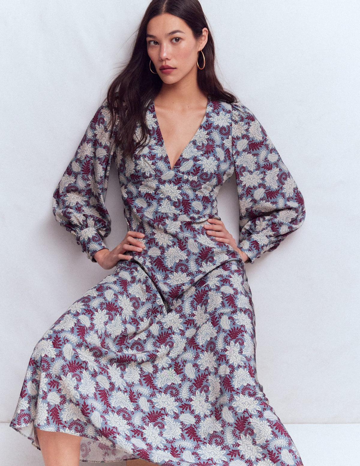 V-neck Blouson Sleeve Dress-Multi Blooming Flora