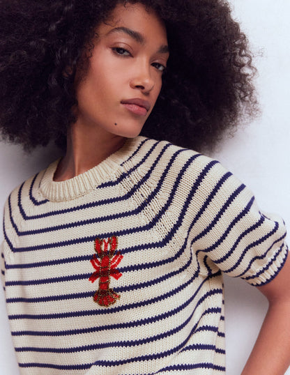 Margot Puff Sleeve T-Shirt-Ivory/ Navy Lobster