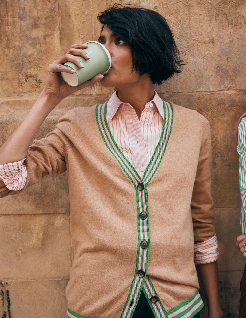 V Neck Longline Cardigan-Camel Melange