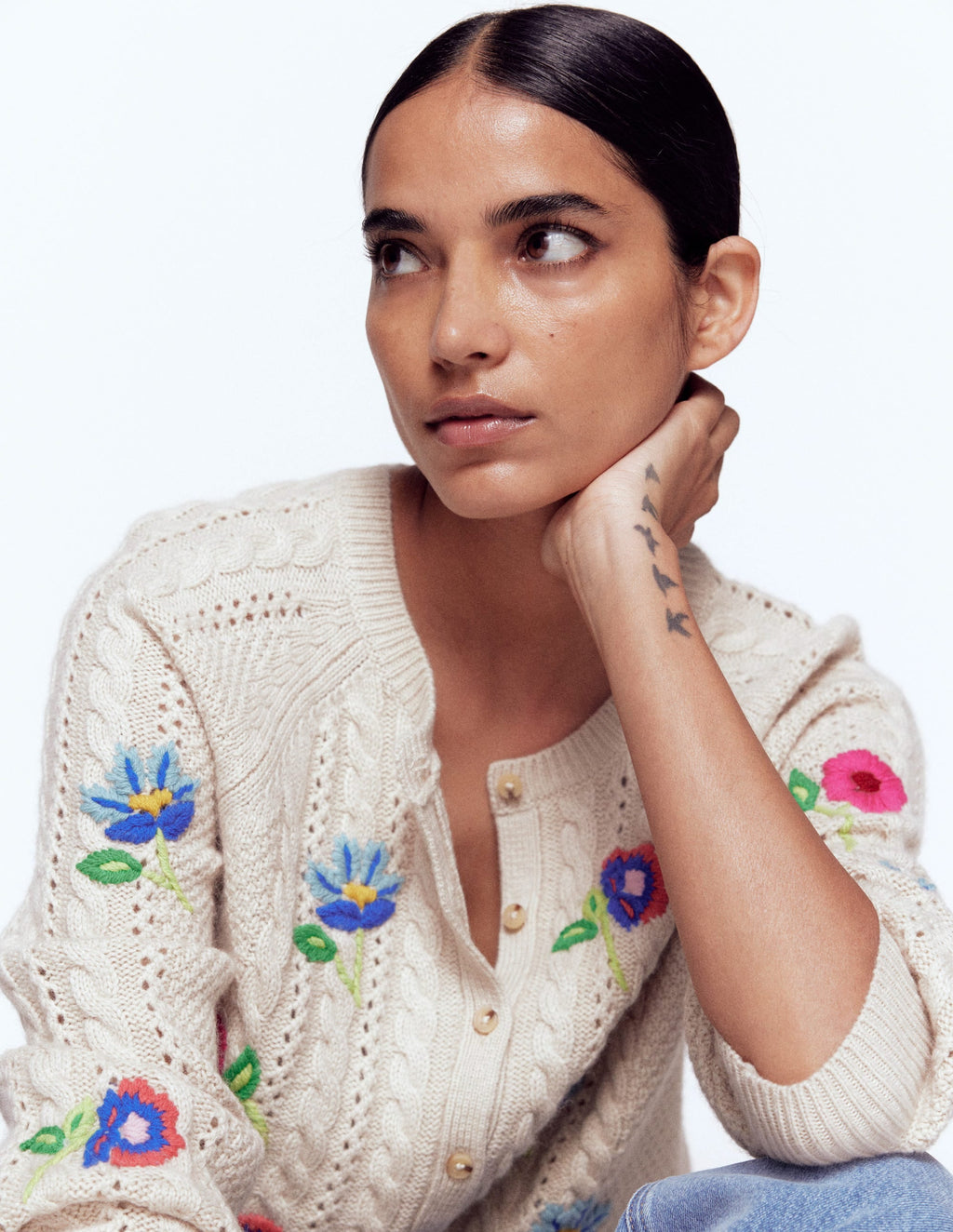 Liv Embroidered Cable Cardigan-Oatmeal Melange