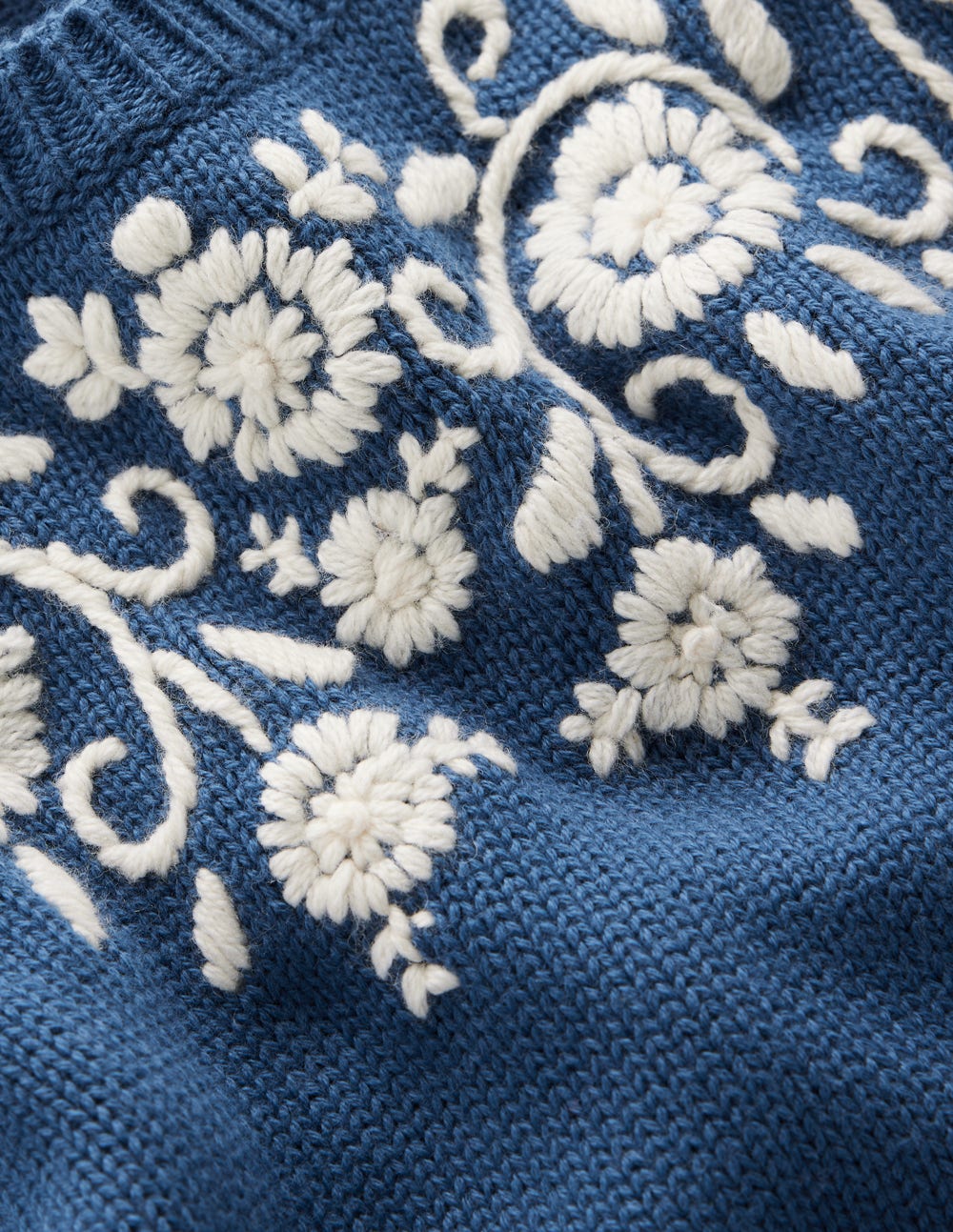 Davina Puff Sleeve Sweater-Denim Blue Embroidery