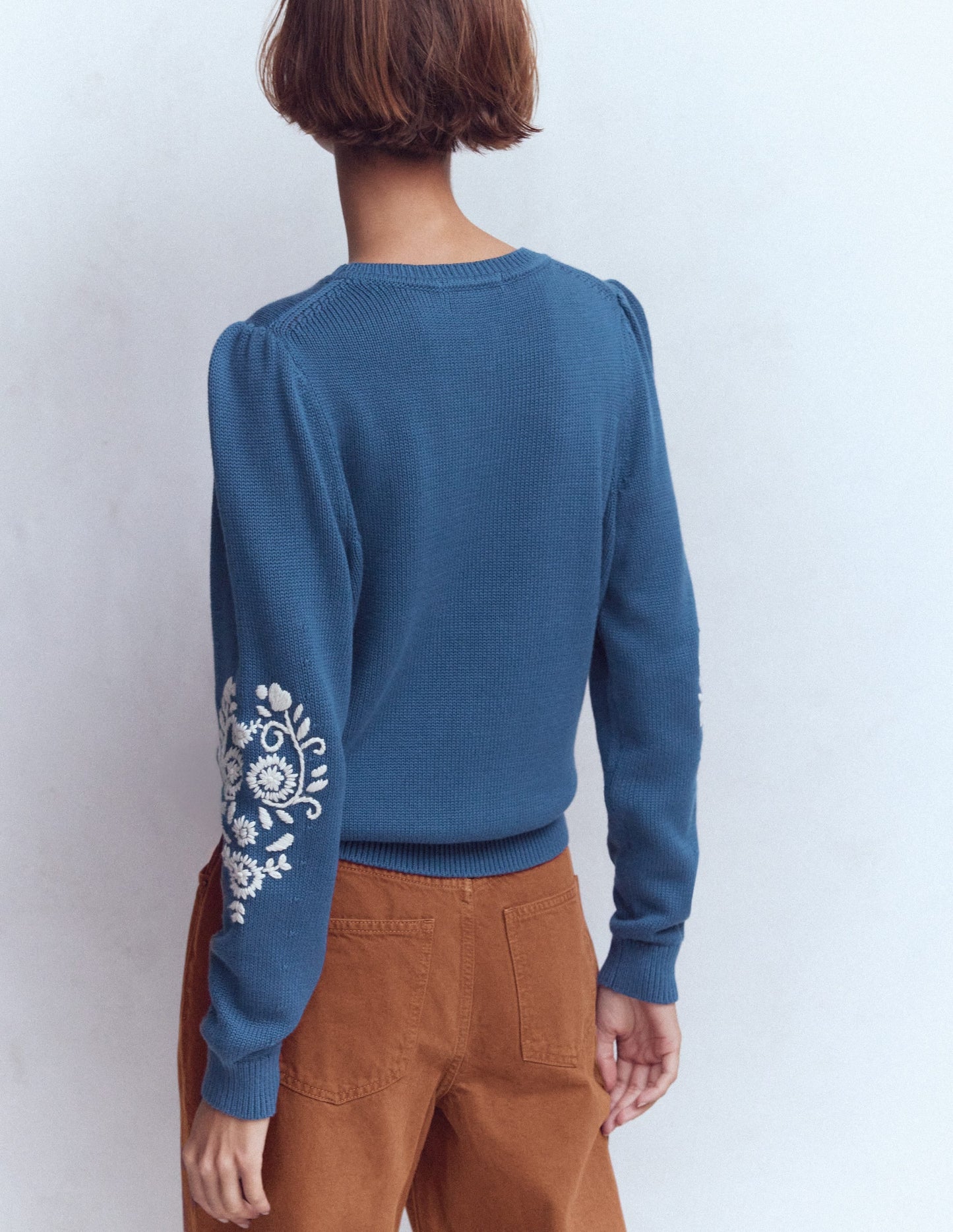 Davina Puff Sleeve Sweater-Denim Blue Embroidery