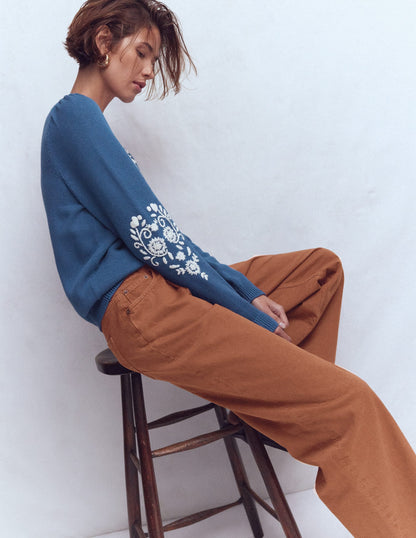 Davina Puff Sleeve Sweater-Denim Blue Embroidery