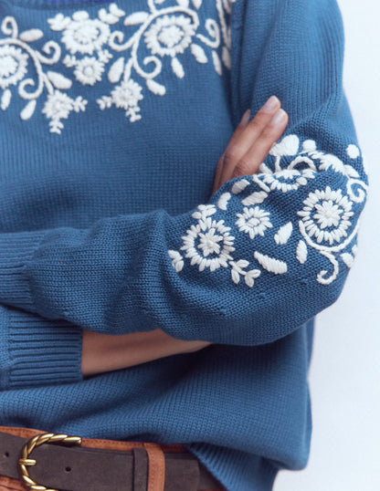 Davina Puff Sleeve Sweater-Denim Blue Embroidery