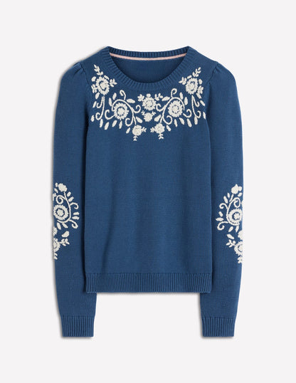 Davina Puff Sleeve Sweater-Denim Blue Embroidery