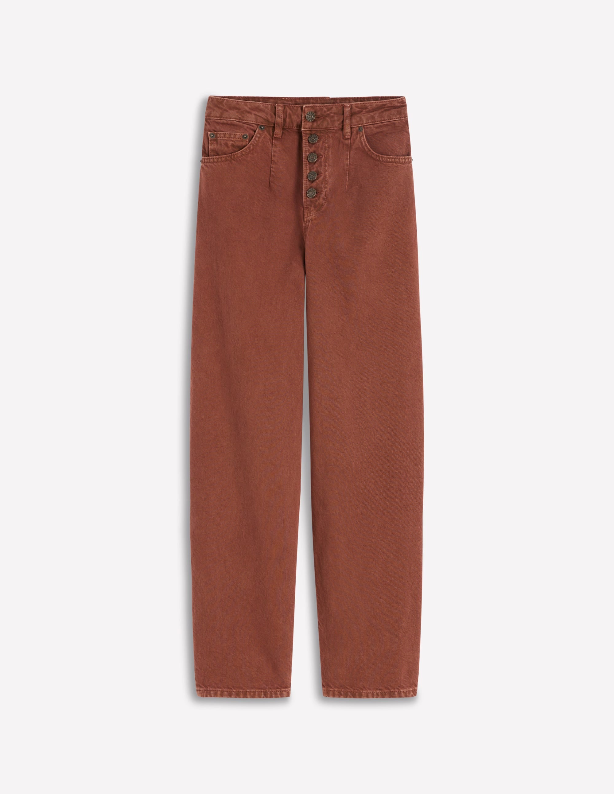 Exposed Button Straight Jeans-Brown