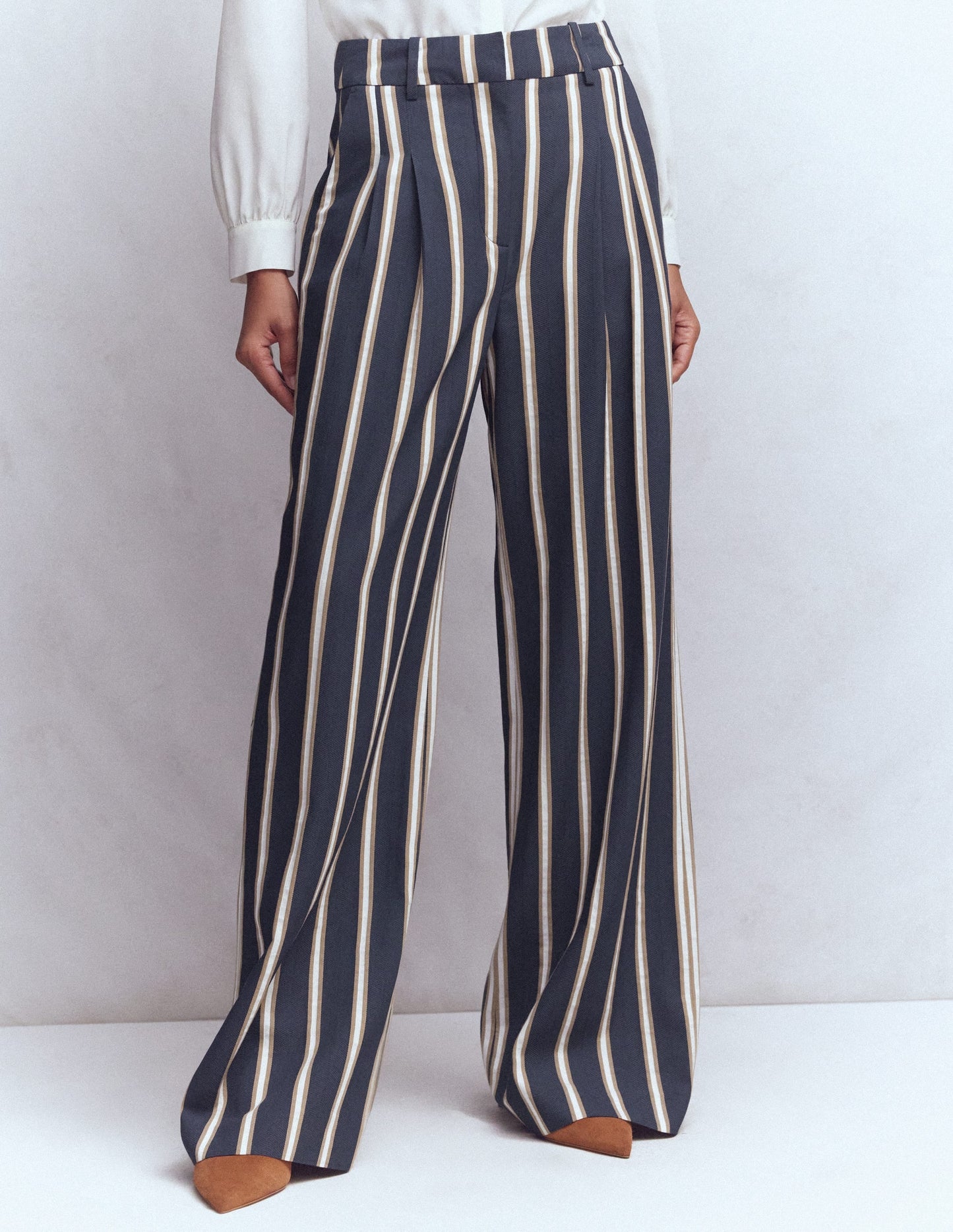 Kensington Tailored Pants-Navy Camel Tram Stripe