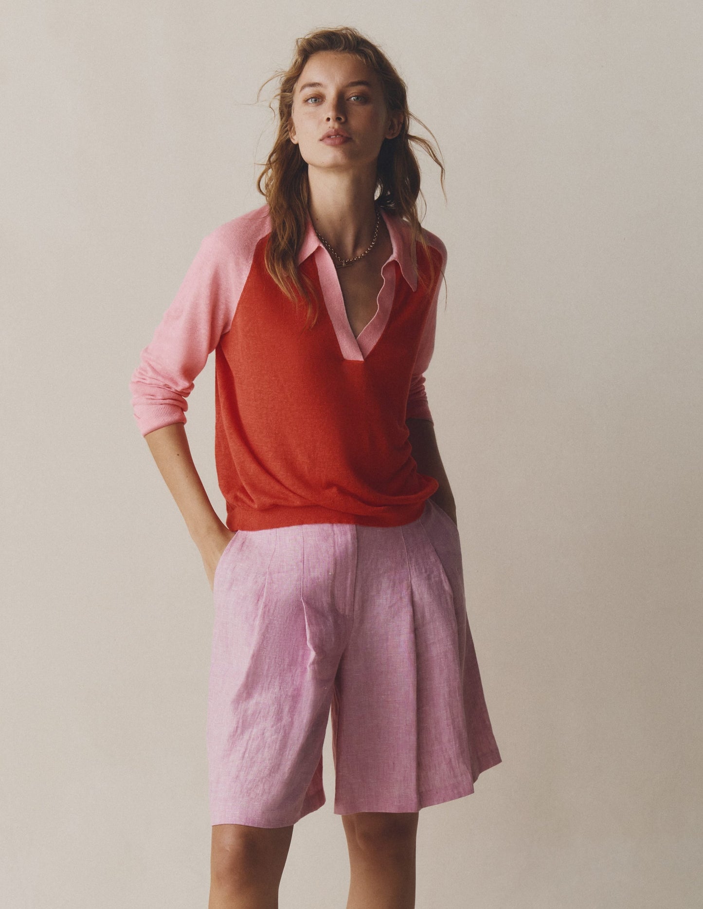 Highbury Pleated Linen Shorts-Meadowsweet Pink Chambray