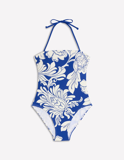 Paros Bandeau Swimsuit-Blue, Botanical Flourish