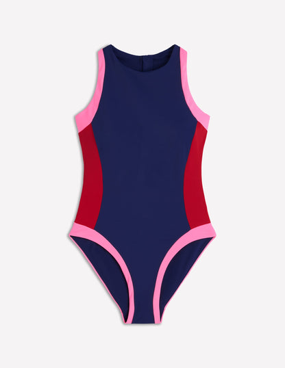 Sporty High Neck Swimsuit-Navy, Colourblock