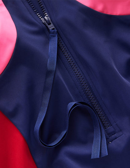 Sporty High Neck Swimsuit-Navy, Colourblock