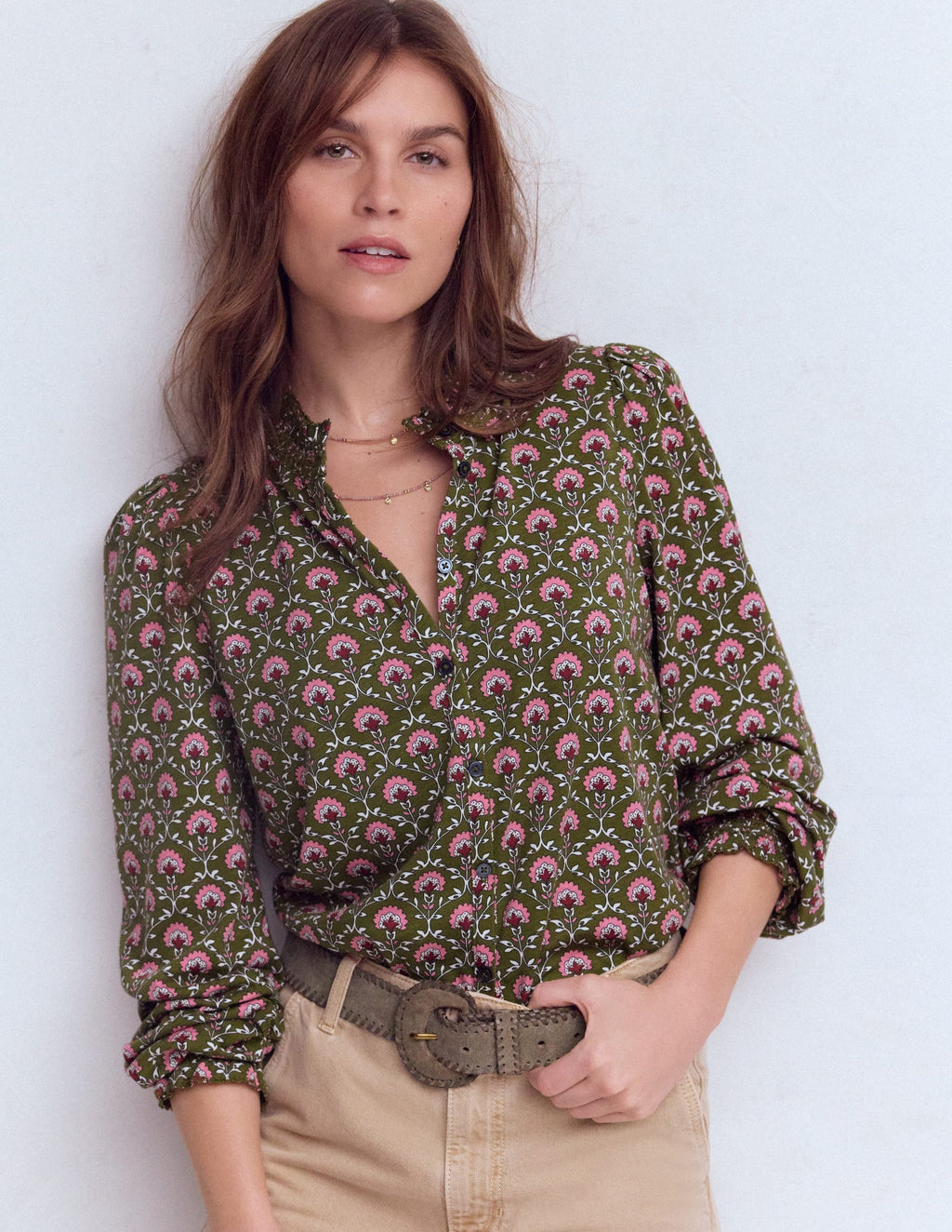 Effie Smocked Detail Shirt-Mayfly, Flower Lattice
