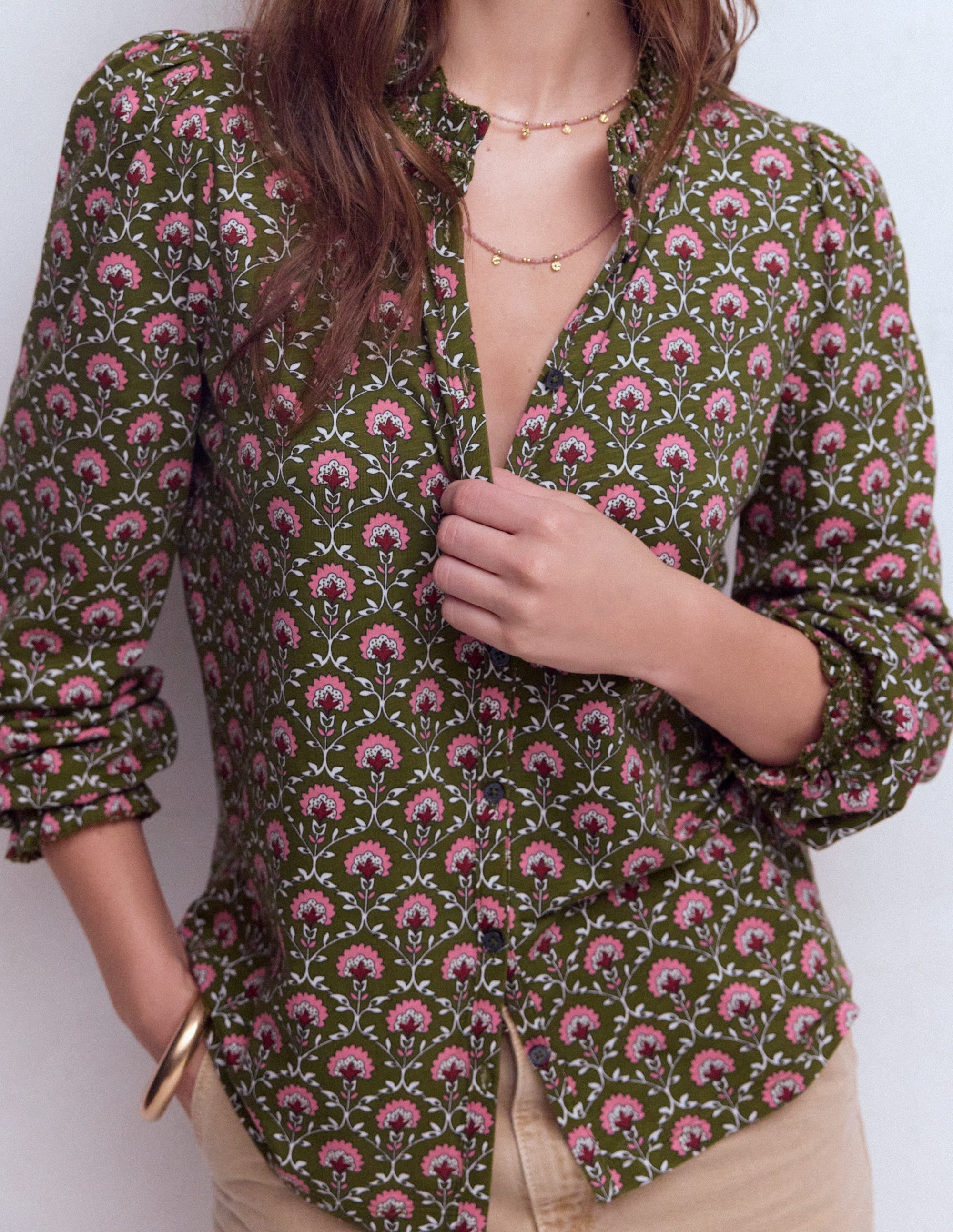Effie Smocked Detail Shirt-Mayfly, Flower Lattice