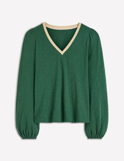 Metallic Trim V-neck Top-Trekking Green