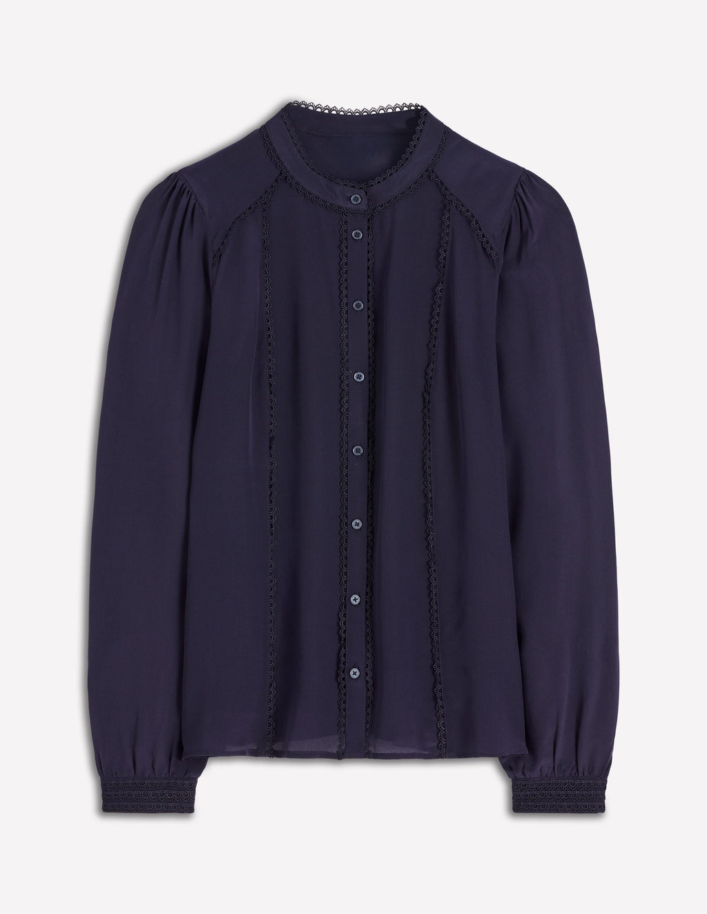 Rhea Trim Detail Silk Top-Denim Blue, Blossomy Sprig