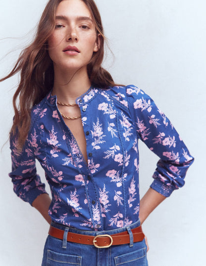 Rhea Trim  Insert Cotton Top-Blue, Blossomy Sprig