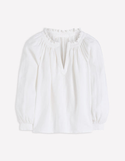 Serena Pleat Neck Linen Top-White