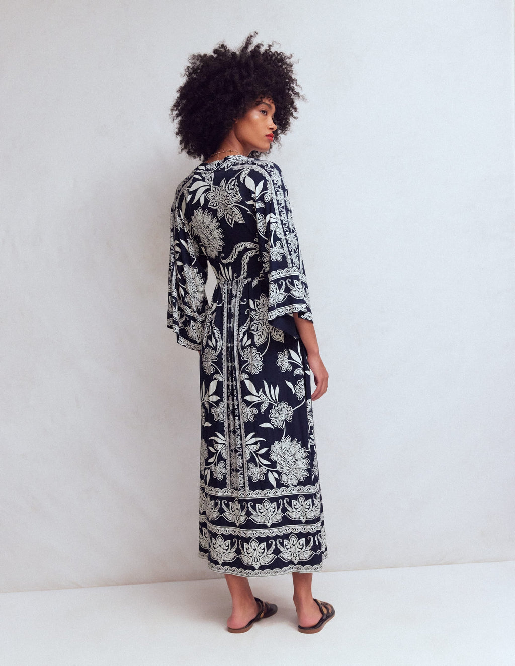 Nell Kimono Midi Jersey Dress-Navy, Elegant Blossom