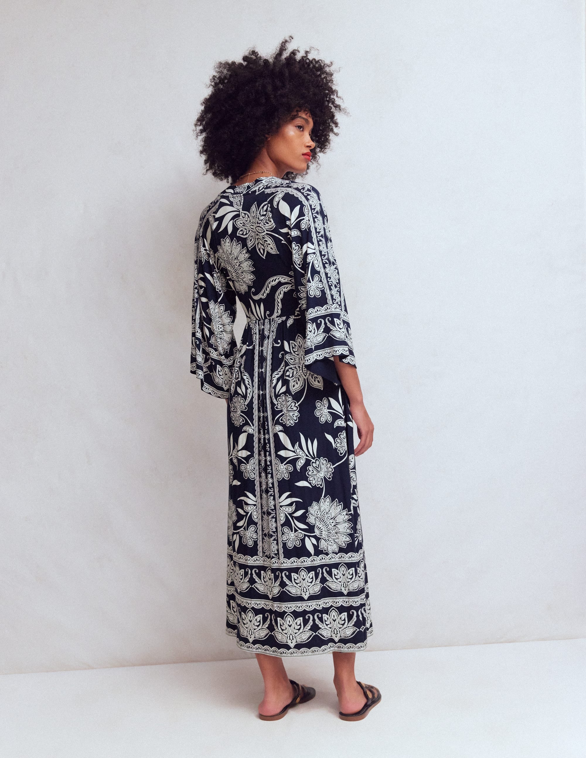Nell Kimono Midi Jersey Dress-Navy, Elegant Blossom