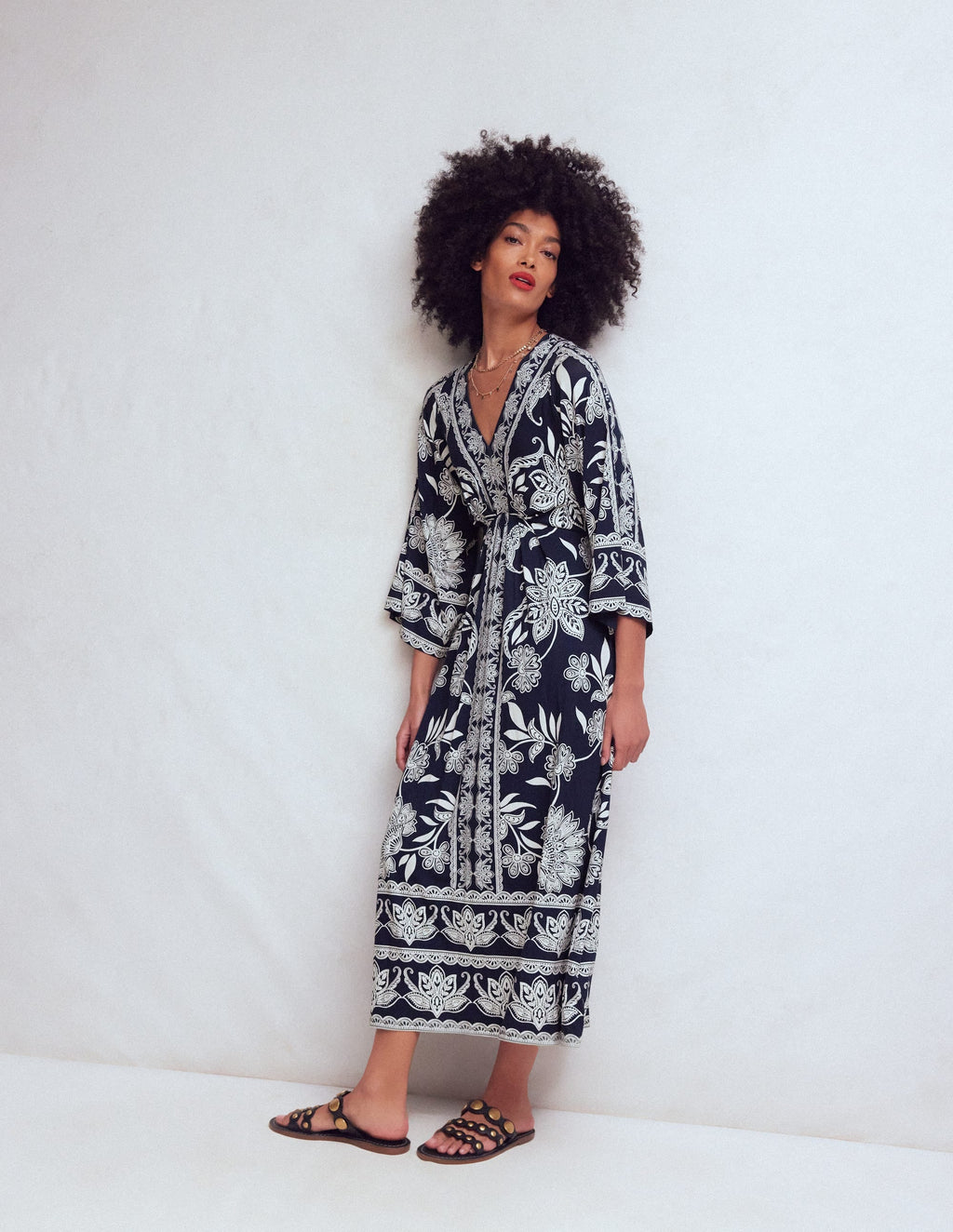 Nell Kimono Midi Jersey Dress-Navy, Elegant Blossom