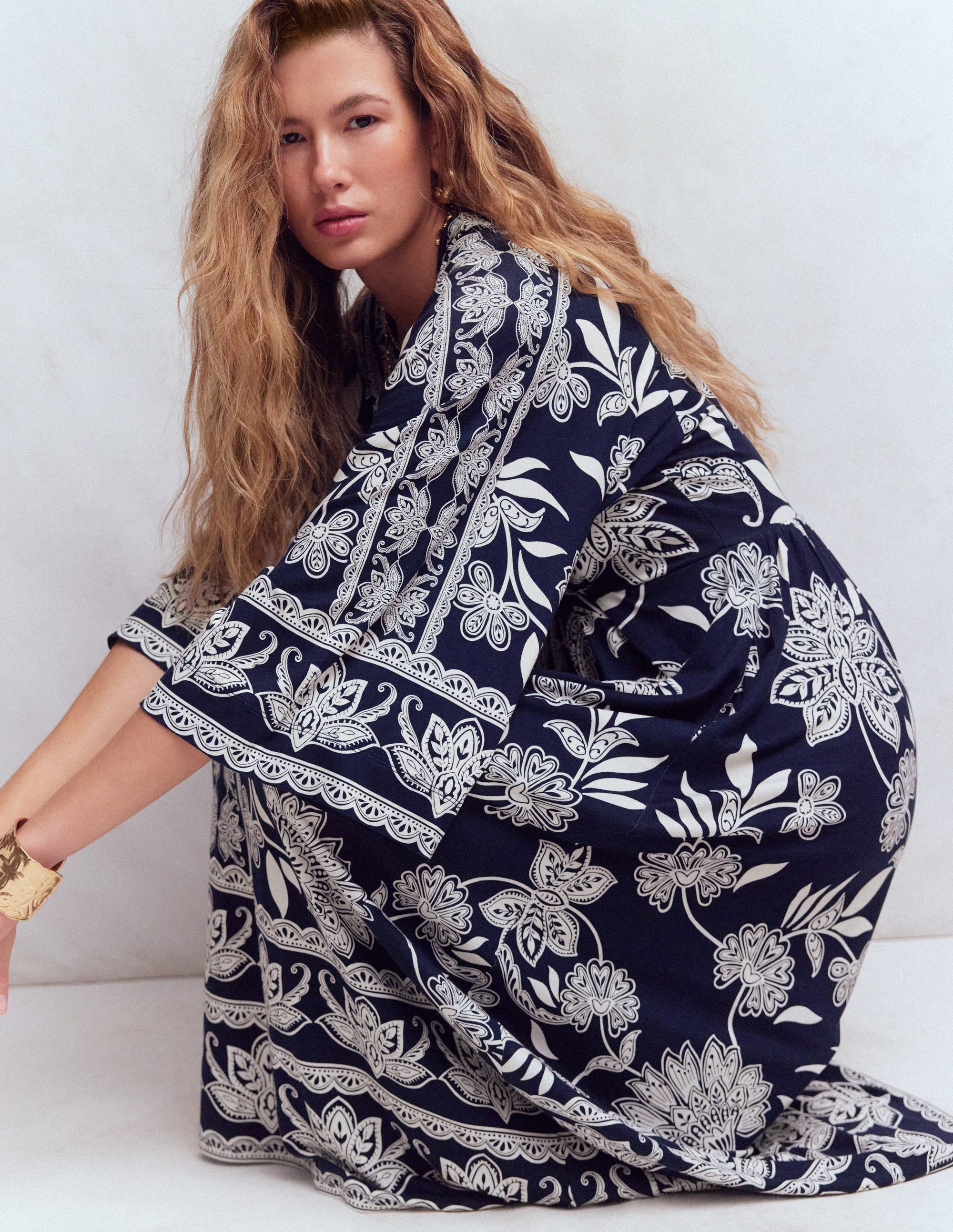 Nell Kimono Midi Jersey Dress-Navy, Elegant Blossom